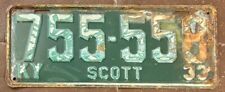 Kentucky 1933 SCOTT COUNTY License Plate # 755-558 picture