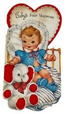 Vintage Valentines Card Baby's First Flocked Elephant Die-Cut Bi-Fold Gibson picture