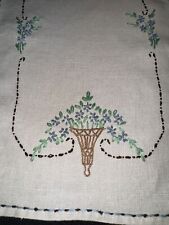 Vintage Hand Embroidered Linen Dresser Scarf Floral Blue Green 8.5” X 14.5” picture