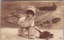 1907 Belgian Real Photo RPPC Pretty Lady Postcard Studio Beach / Fishing Nets picture
