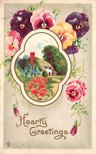 1913 Hearty Greetings Card Colorful Pansie Flowers Small House Vintage Postcard picture