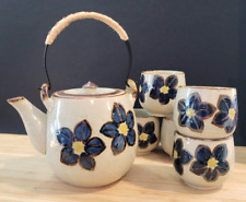 1960s Blue Floral Motif VTG Otagiri Teapot & 5 Beige Ribbed Cups w/Rattan Handle picture