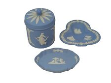 Wedgwood Blue Jasperware Trinket Set Of 3 Lidded Jar 2 Trinket Plates picture