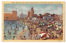 Long Beach California c1940's Bathing in Lagoon, umbrellas, Municipal Auditorium picture