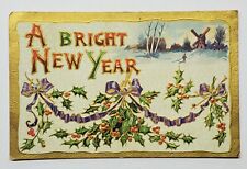 A Bright New Year Snow Countryside Windmill Purple Ribbon Vintage 1909 Postcard picture