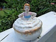 LOVELY ANTIQUE HALF DOLL VANITY PIN DISH POWDER BOX PORCELAIN picture