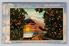 CA-California, Greetings, Streamliner Passing An Orange Grove, Vintage Postcard picture