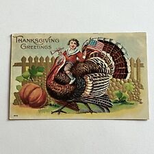 Antique Embossed Postcard Patriotic Thanksgiving Turkey Kid With American Flag picture
