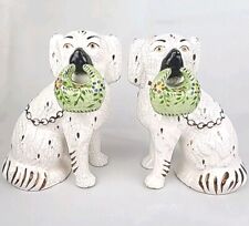 Pair Staffordshire Ware Kent Mantle Dogs White & Gold Spaniels Bag England 7.5
