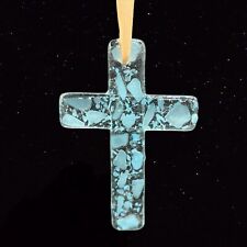 Vintage Studio Art Glass Fused Blue Cross Religion 3”W 4.5”W picture