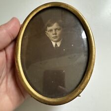 Antique Glass Picture Frame Portrait Young Boy Photo, Metal Frame - Brass? Vtg picture