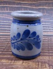 Small Tiny Crock JAR POT Art Pottery Blue Leaves Flower Signed 2 3/4” Tall picture