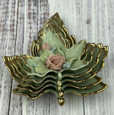 Vintage Mid Century Stacking Green & Gold Maple Leaf Nesting Trinket Dish 1950’s picture