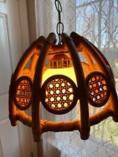MCM vintage Boho Bamboo Rattan Pendant Light Swag Style with Chain WORKING picture