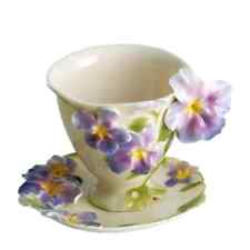 Franz Porcelain Pansy Flower Design Sculptured Cup Saucer Set FZ00459 ~ New picture