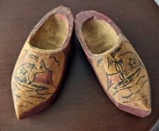 Vintage Handcrafted Miniature Pair of Wooden Shoes Carved Boat Scene Signed picture