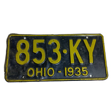 1935 Ohio License Plate 853 KY    1 Yellow on Black Plate picture