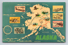 Pictorial Map of Alaksa Linoleum Cut Art Alaska AK Postcard picture
