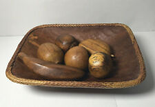 Vintage Hand Carved Wood Fruit Bowl Straw Woven Trim RARE Seven Pieces 1960's picture