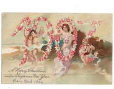 c1907 Merry Christmas New Year Floral Cupids Angels Cherubs Embossed Postcard picture