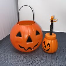 Vintage 1980 Pumpkin Blow Mold Jack O' Lantern Candy Bucket Pail & Matching Cup picture
