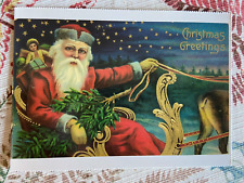 vintage Christmas old World  Santa night sky stars reindeer sleigh reproduced picture