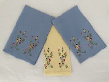3 Vintage Embroidered Guest Fingertip Hand Towels Blue Yellow Pink Flowers picture