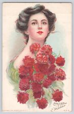 Postcard Artist Signed James Alfred Beautiful Lady Red Carnations Flowers 1908 picture