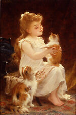 Art Oil painting Emile Munier - Lovely little girl Playing with the Kitten cats picture