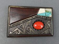Richard Tsosie Navajo Sterling Silver Coral Turquoise Wood Stone Belt Buckle picture