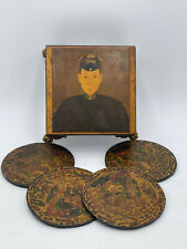 Vintage Set of 4 Round Coasters Footed Square Box Asian Japanese or Chinese picture