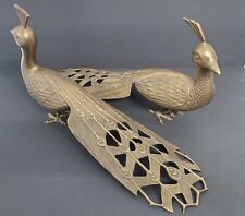 Pair Of Large Vintage  Brass Peacocks 10in H 17in L Mid Centry Modern MCM picture