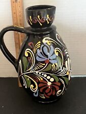 Traditional :Hungarian Romanian/Pottery Pitcher Vase Black Floral 7 Inch picture