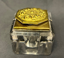 NICE HEAVY ANTIQUE BRASS CLEAR GLASS INKWELL picture