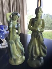 Pair Exotic 1940s/50s Lime Green Chartreuse Ceramic Figurines Or Statuettes picture