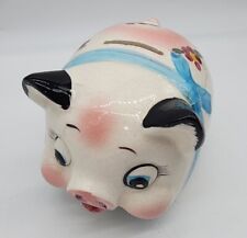 Vintage Anthropomorphic Blue Ribbon Piggy Bank Kitsch Ceramic Made In Japan picture