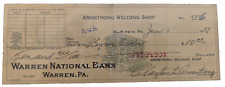 1937 Armstrong Welding Shop Warren National Bank Ohio Used Check Vintage Rare + picture