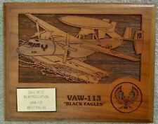 VTG 1985 US Navy VAW-113 Black Eagles Squadron Brass on Laser-Etched Wood Plaque picture