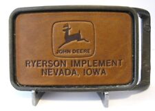 John Deere Logo RYERSON IMPLEMENT Nevada IA Dealership Leather Belt Buckle RARE picture