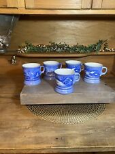 Set of 5 Vtg Currier & Ives Homestead Winter Mugs/Coffee JAPAN Blue & White picture