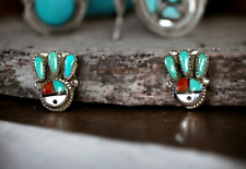 Zuni Sun Face Inlaid Turquoise Coral Vintage Sterling Silver Clip On Earrings picture