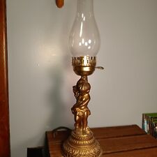Vintage Metal Gold Tone Cherub Table Lamp, Glass Hurricane Shade picture