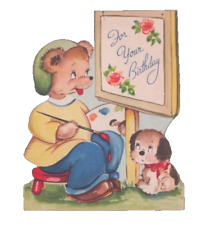 For Your Birthday Teddy Puppy Painter Anthropormorphic Flip Open VTG Card w Ep picture