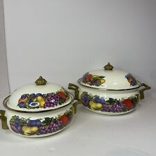 Vintage Lincoware Enamel Pot Casserole Dish Cornucopia Brass Handles Set Of 2 picture