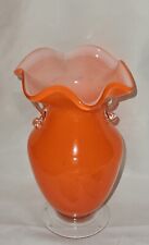 Vintage Bright Orange Handblown Art Glass Cased Bud Vase Applied Double Handle picture