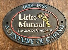 Lititz Mutual Insurance Company Cast Iron Fire Oval Plaque PA  1888-1988 picture