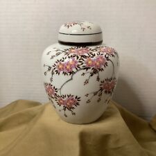 Vintage Ginger Jar Handpainted Japenese Pink Cherry Blossoms 5” Tall picture