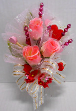 Vintage Handmade VALENTINE'S DAY Flower Corsage Pink ROSES Forget-me-nots picture