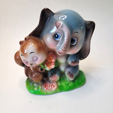 Vintage Big Eyes Elephant & Squirrel Ceramic Figurine Anthropomorphic Kitsch picture
