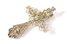 Vintage Rhinestone Cross Pendant Large Filigree Religious Jewelry 3X2